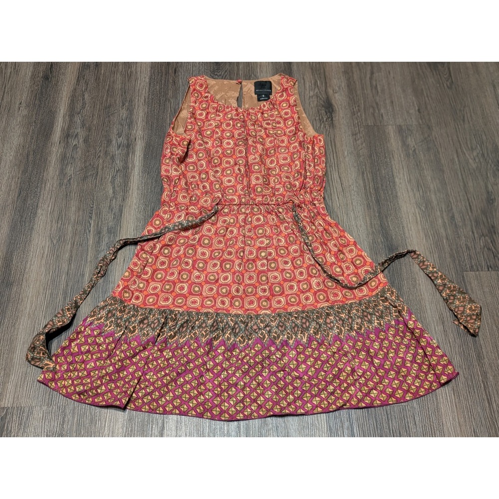 Anna Sui for Anthropologie Dress Size 6 Sleeveless Orange Pink Print Boho Casual